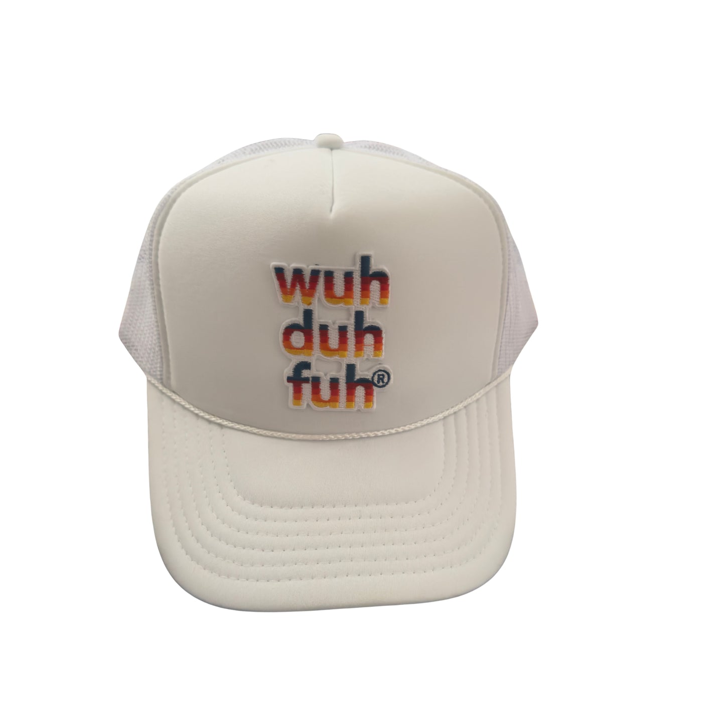White Trucker Hat with 70s Retro Surf Embroidered Patch