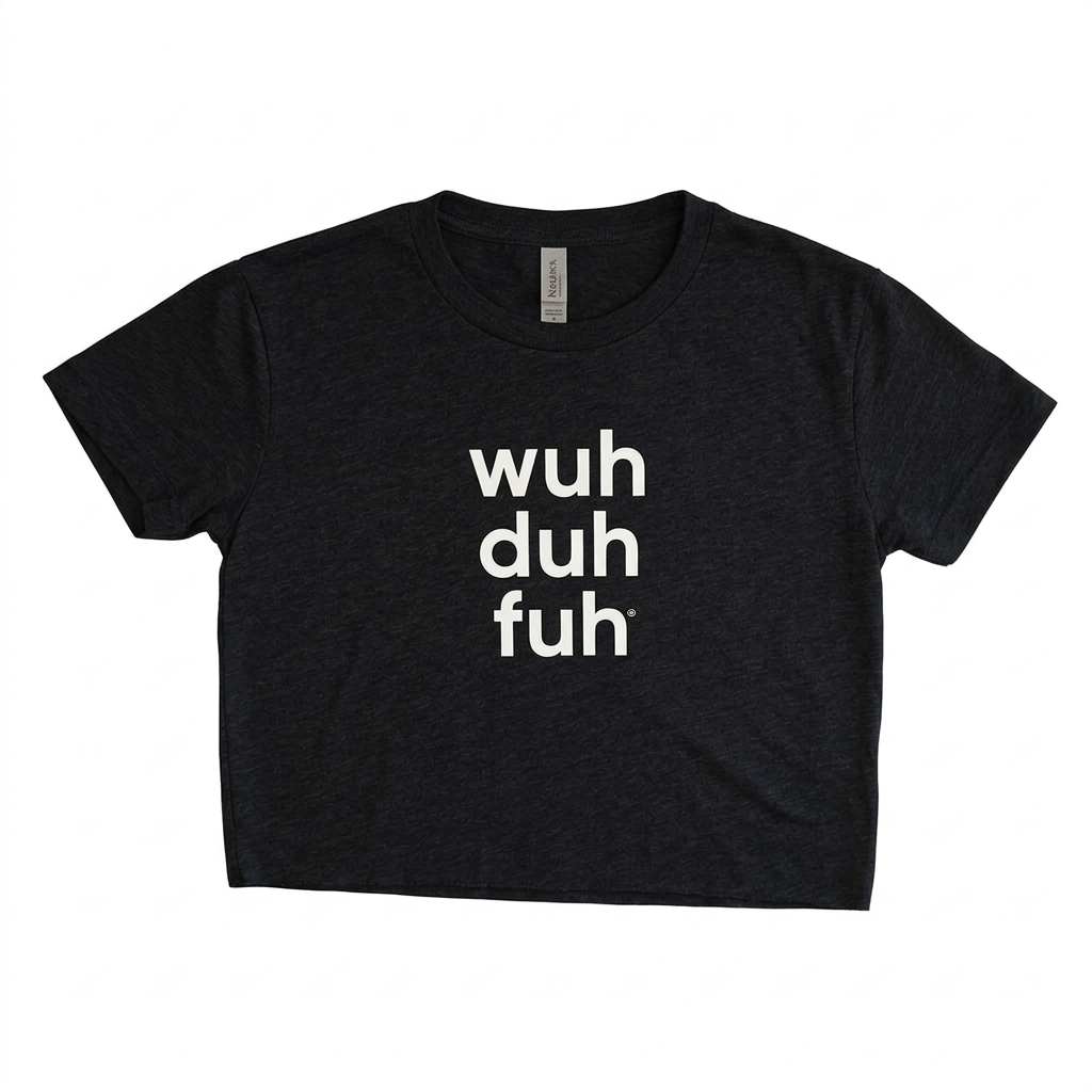 Black crop top with white wuh duh fuh logo