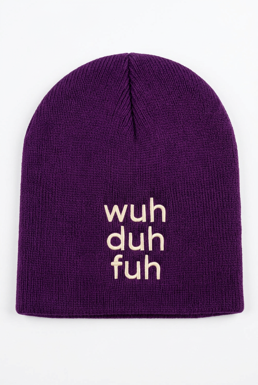 Purple beanie matching the black beanie’s shape and framing