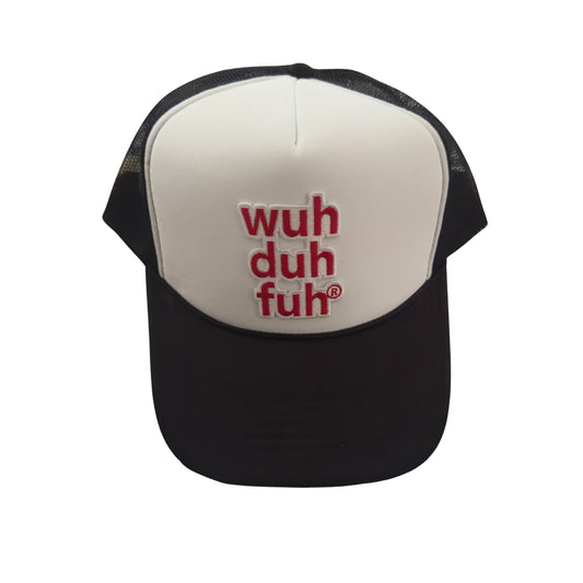 White / Black Trucker Hat with Red Embroidered Patch