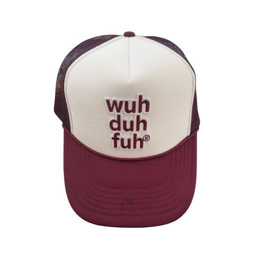 Maroon White Trucker Hat - Maroon Embroidered Patch