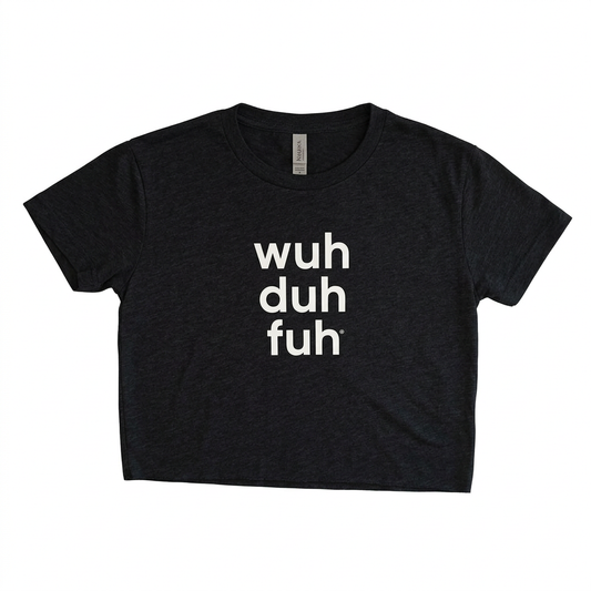 Black crop top with white wuh duh fuh logo