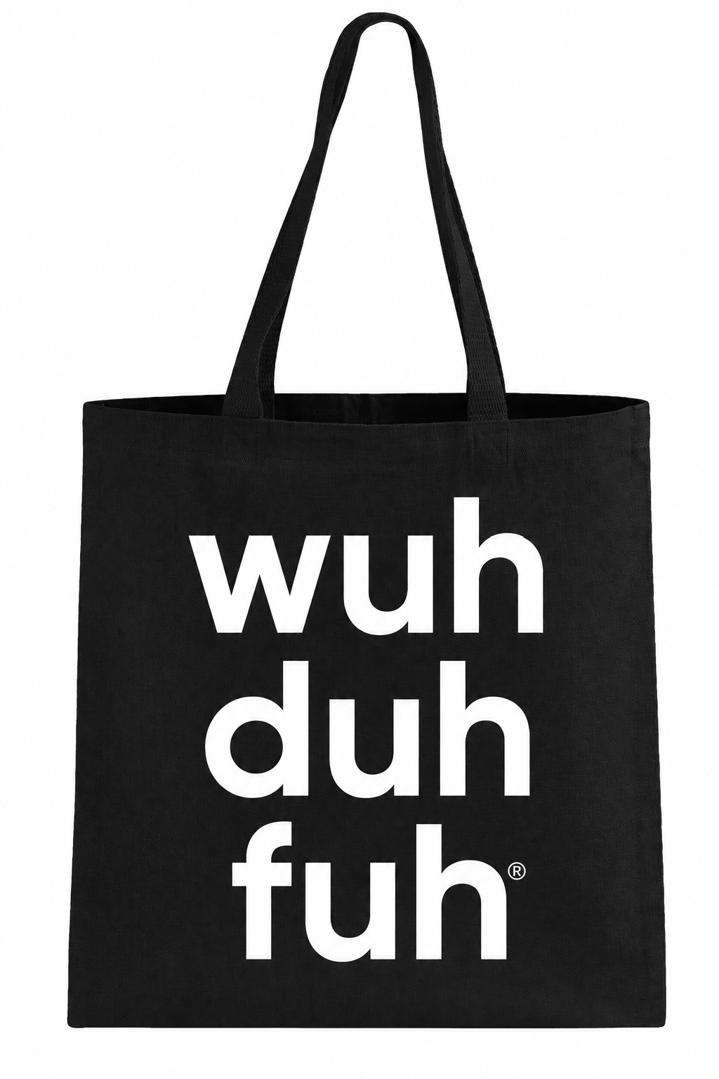 Black heavy-duty canvas tote bag with white wuh duh fuh stacked logo
