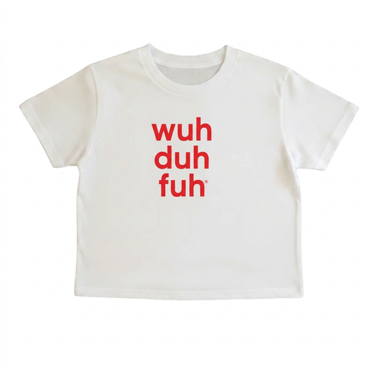 White boxy tee with the wuh duh fuh logo changed from turquoise to red